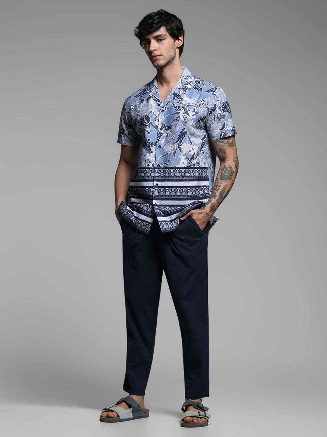 Blue Floral Short Sleeves Shirt