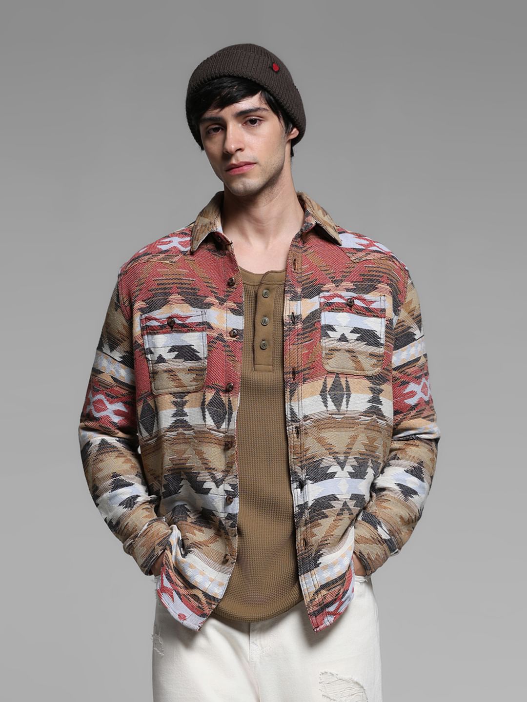 Brown Jacquard Printed Cotton Shirt