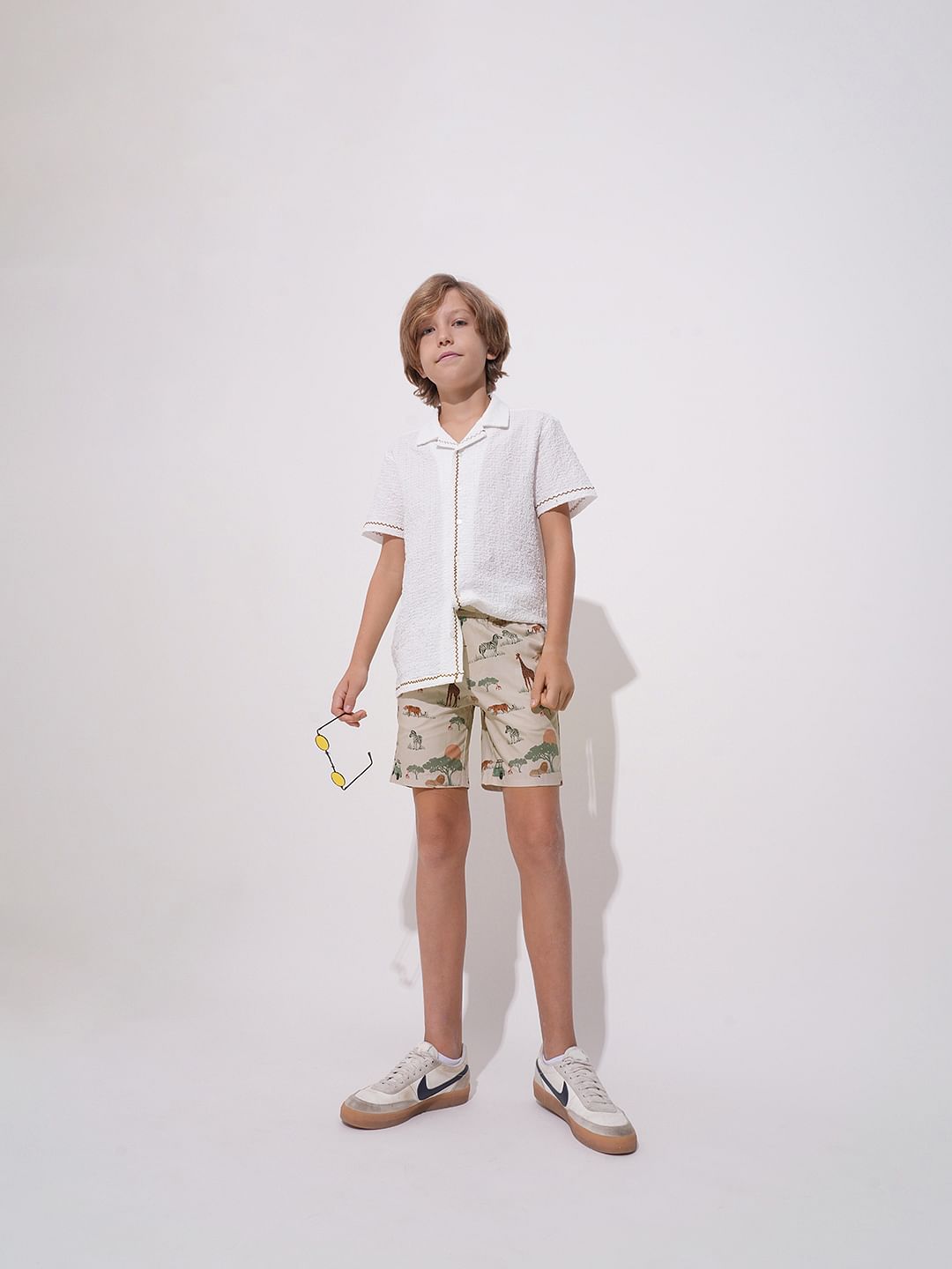 Boys Beige Safari Print Cotton Shorts
