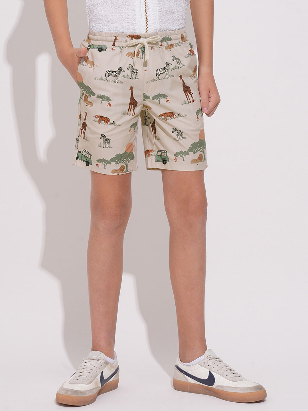 Boys Beige Safari Print Cotton Shorts