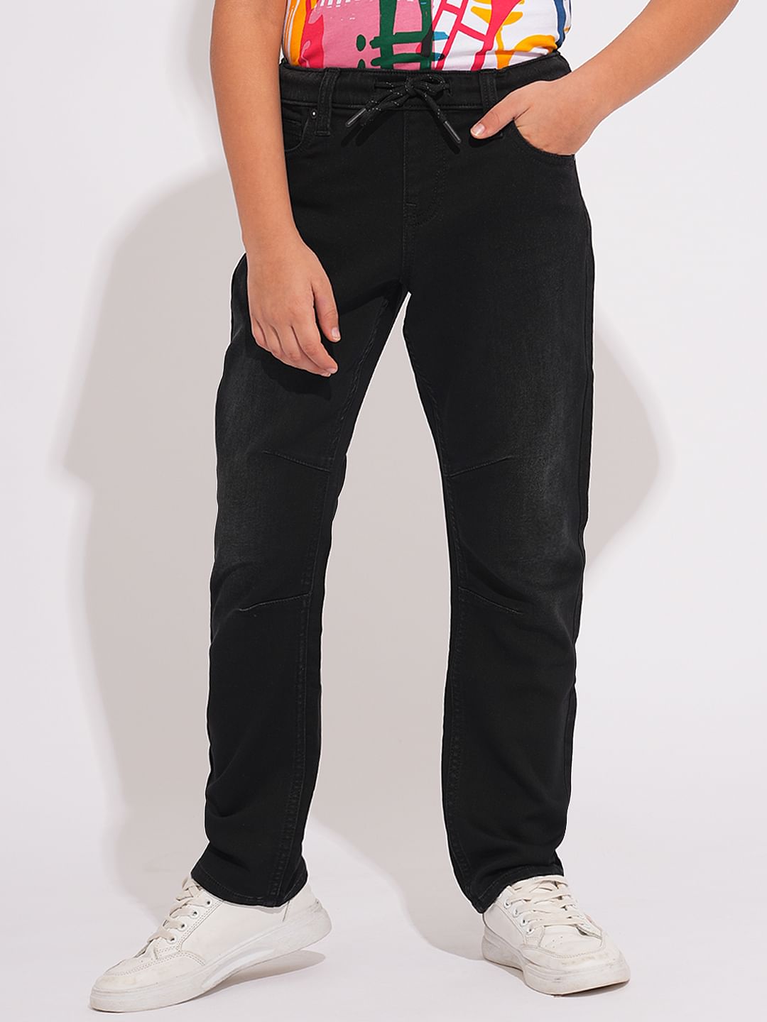 Black Knitted Drawstring Regular Fit Jeans