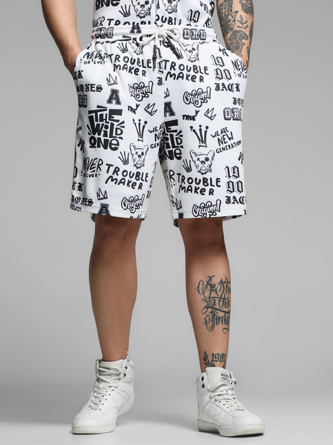 White Abstract Print Co-ord Set Shorts - S