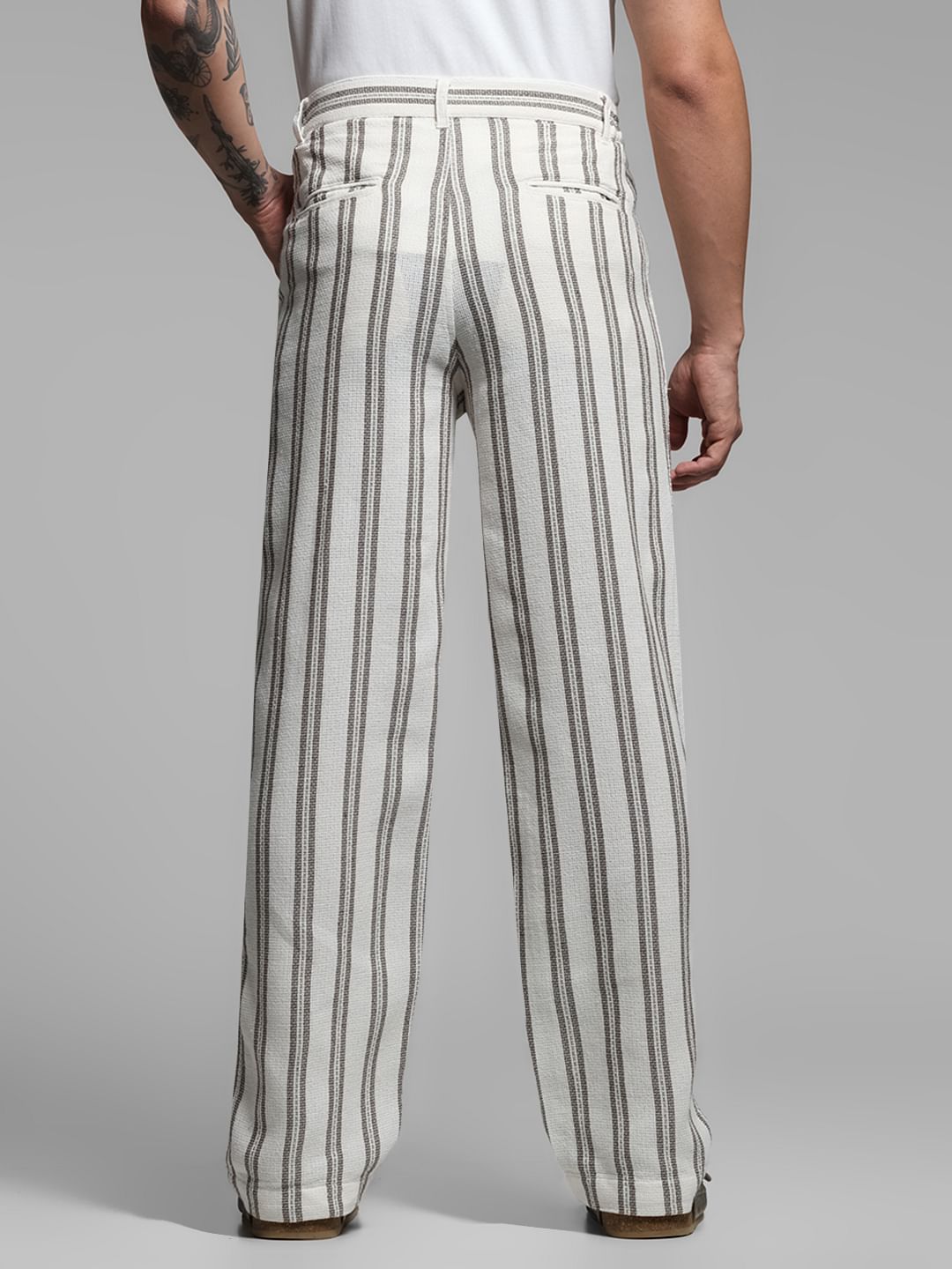 Beige Mid Rise Striped Pants