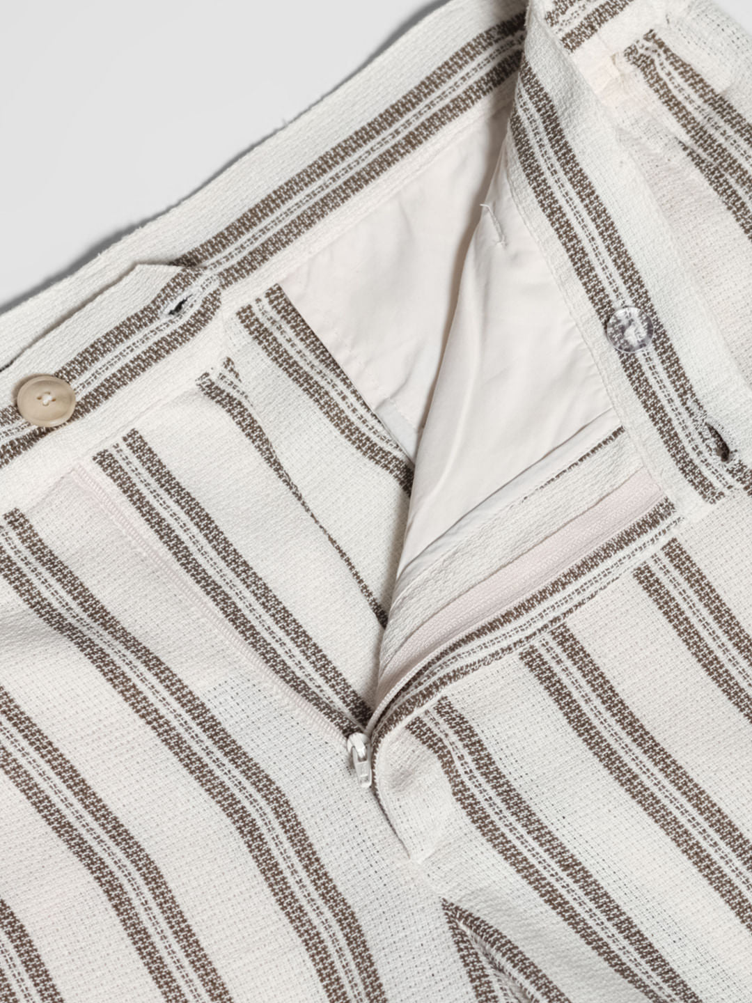 Beige Mid Rise Striped Pants