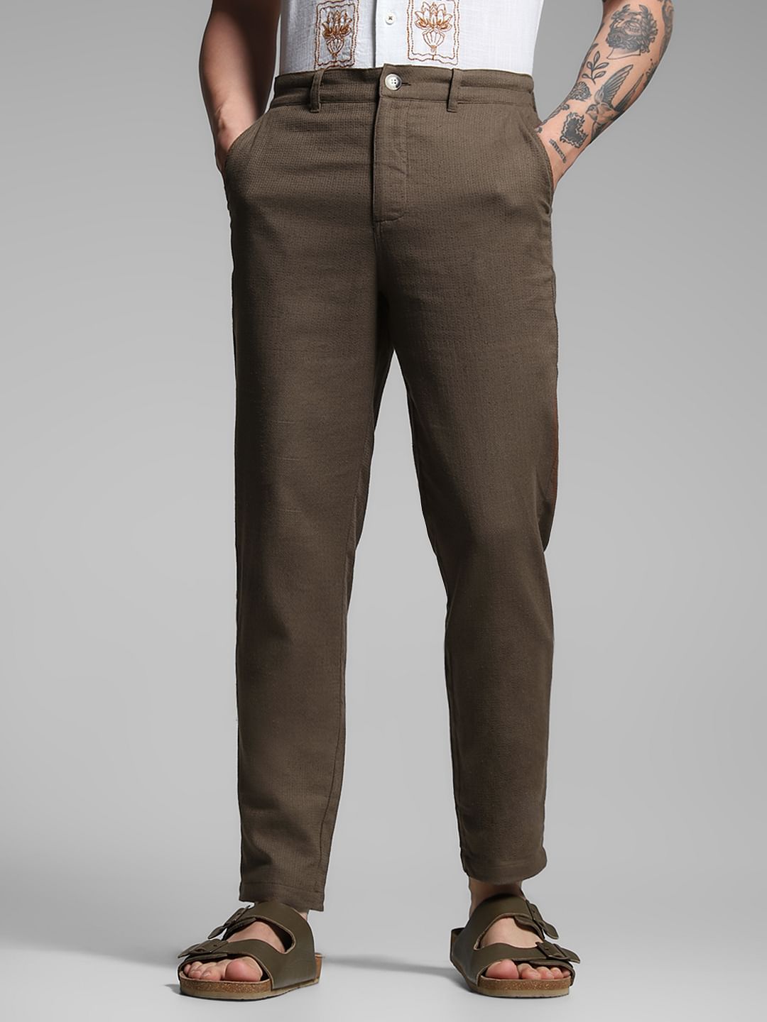 Brown Mid Rise Linen Blend Pants