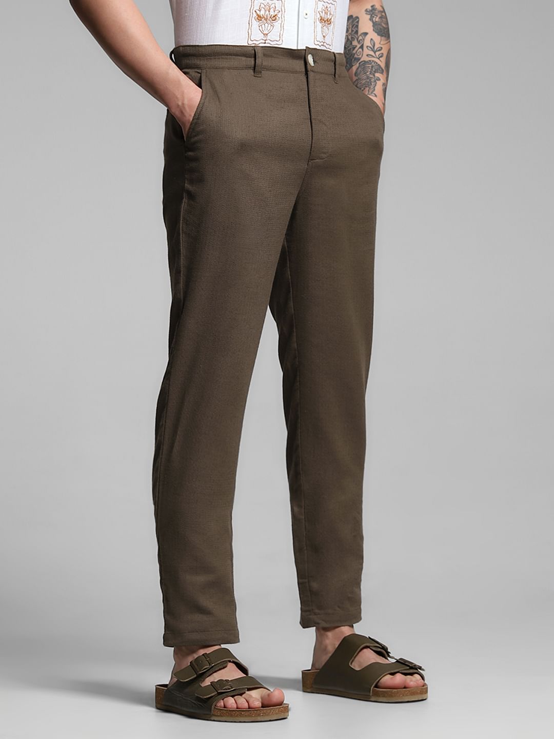 Brown Mid Rise Linen Blend Pants