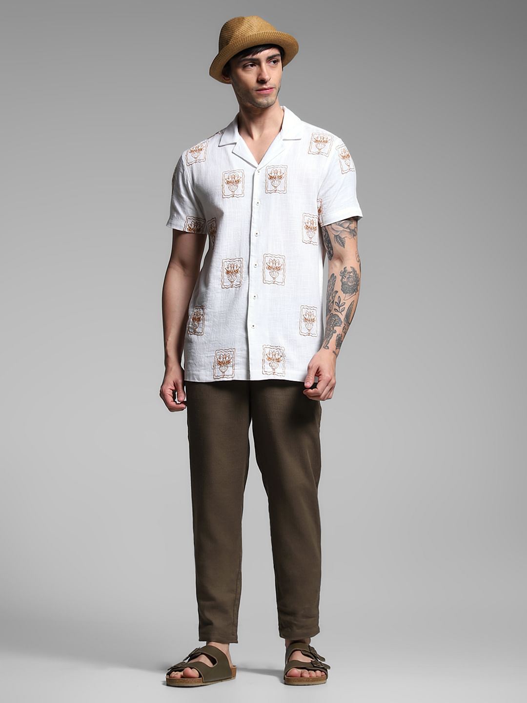 Brown Mid Rise Linen Blend Pants