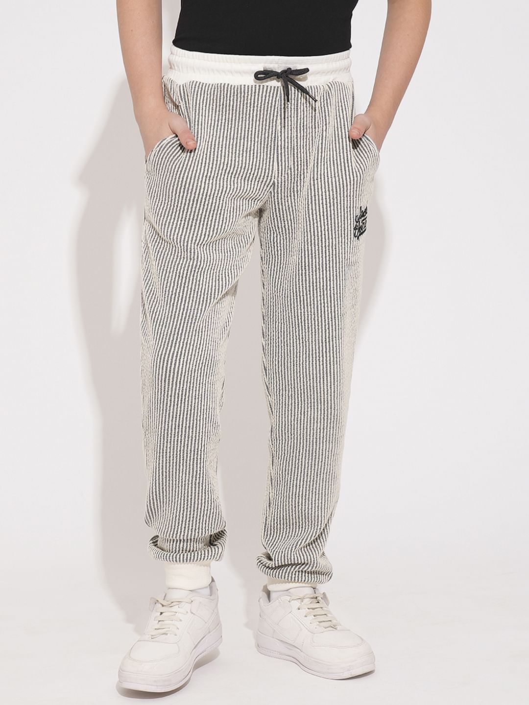 Boys White Striped Co-ord Set Sweatpants