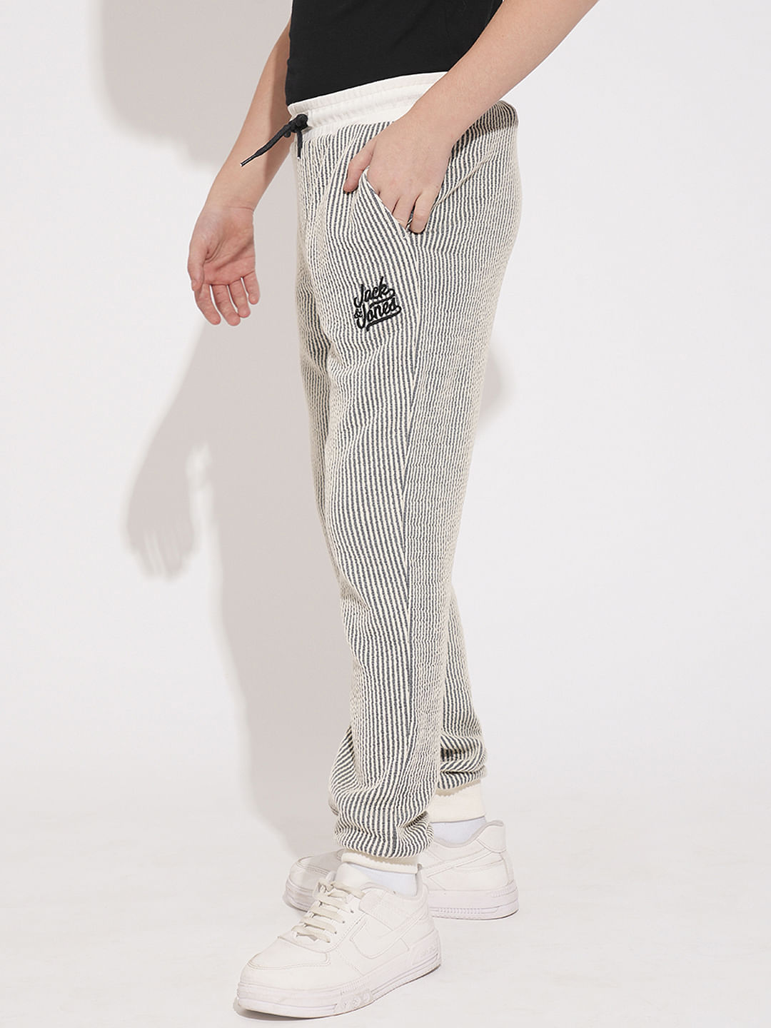 Boys White Striped Co-ord Set Sweatpants