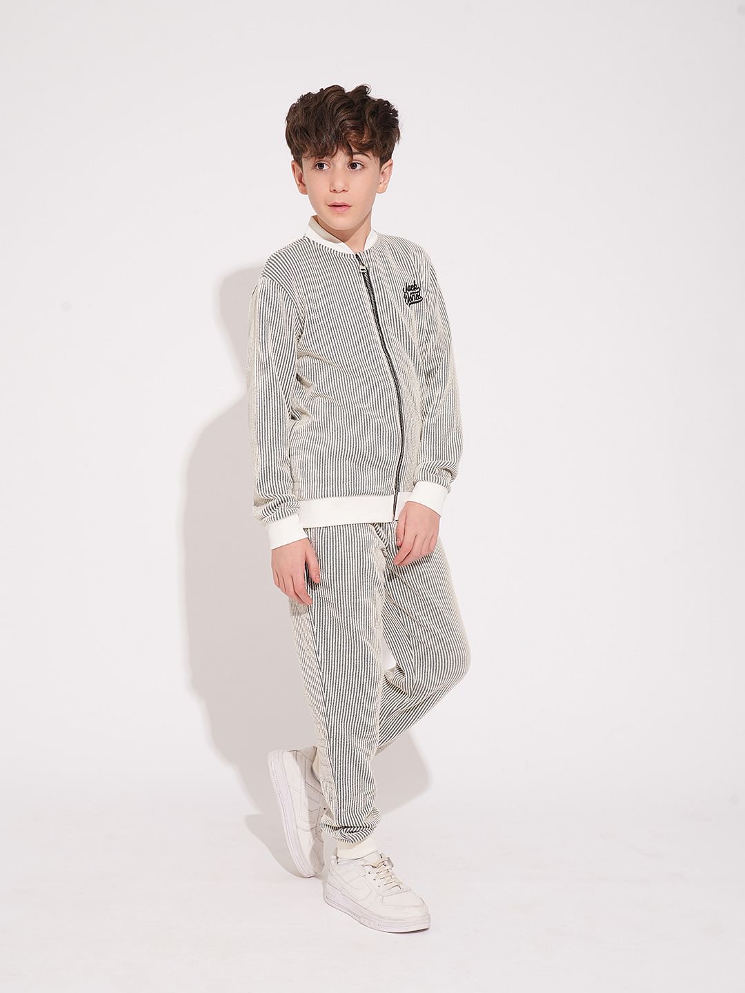 Boys White Striped Co-ord Set Sweatpants