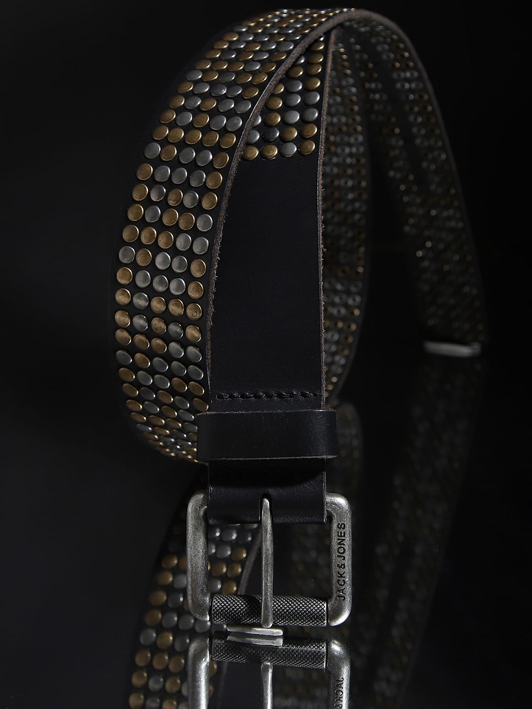 Black Studded Leather Belt - 32