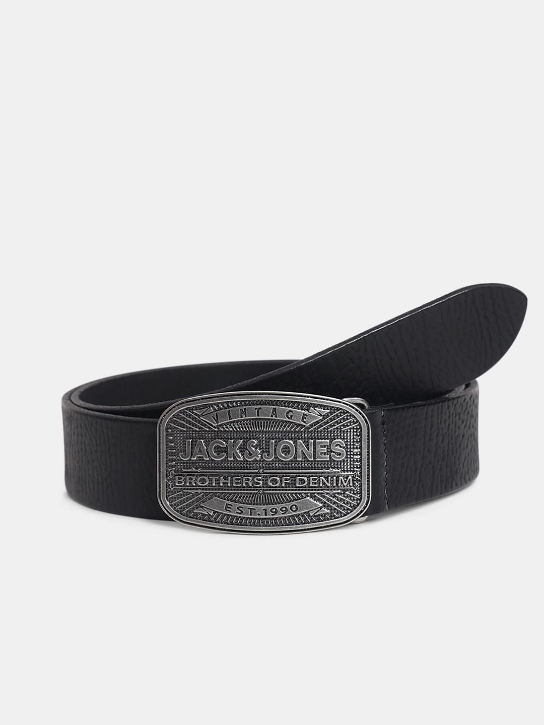 Black Vintage Plate Buckle Leather Belt - 85 cm