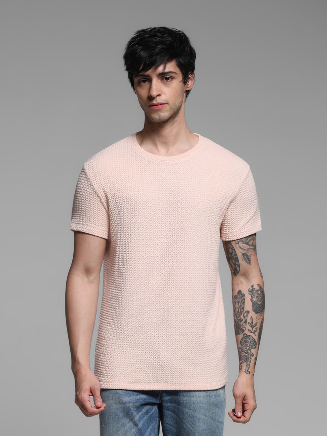 Pink Jacquard Crew Neck T-shirt