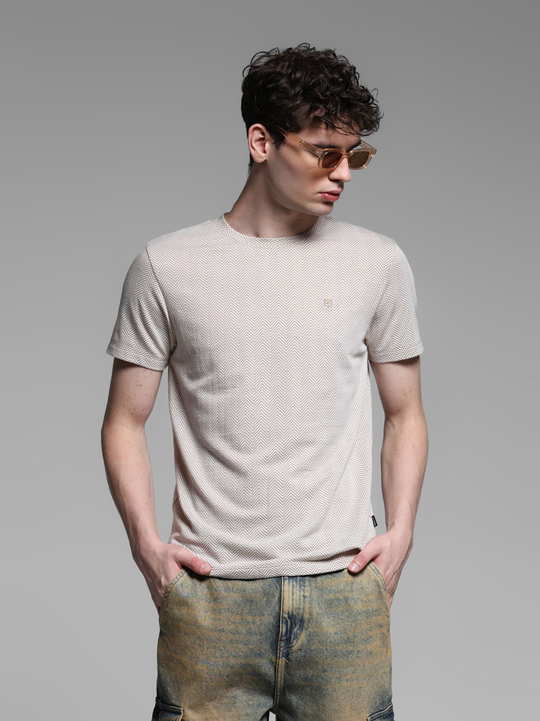 BEIGE PRINTED T-SHIRT - S