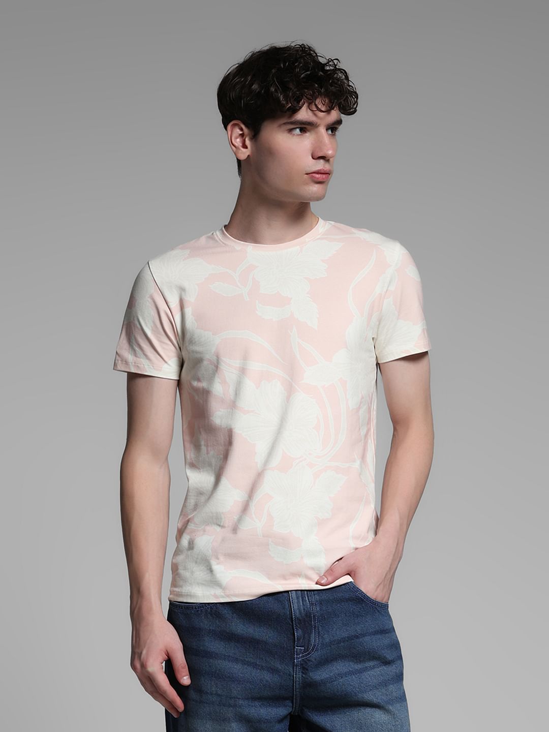Light Pink Printed Crew Neck T-shirt - S