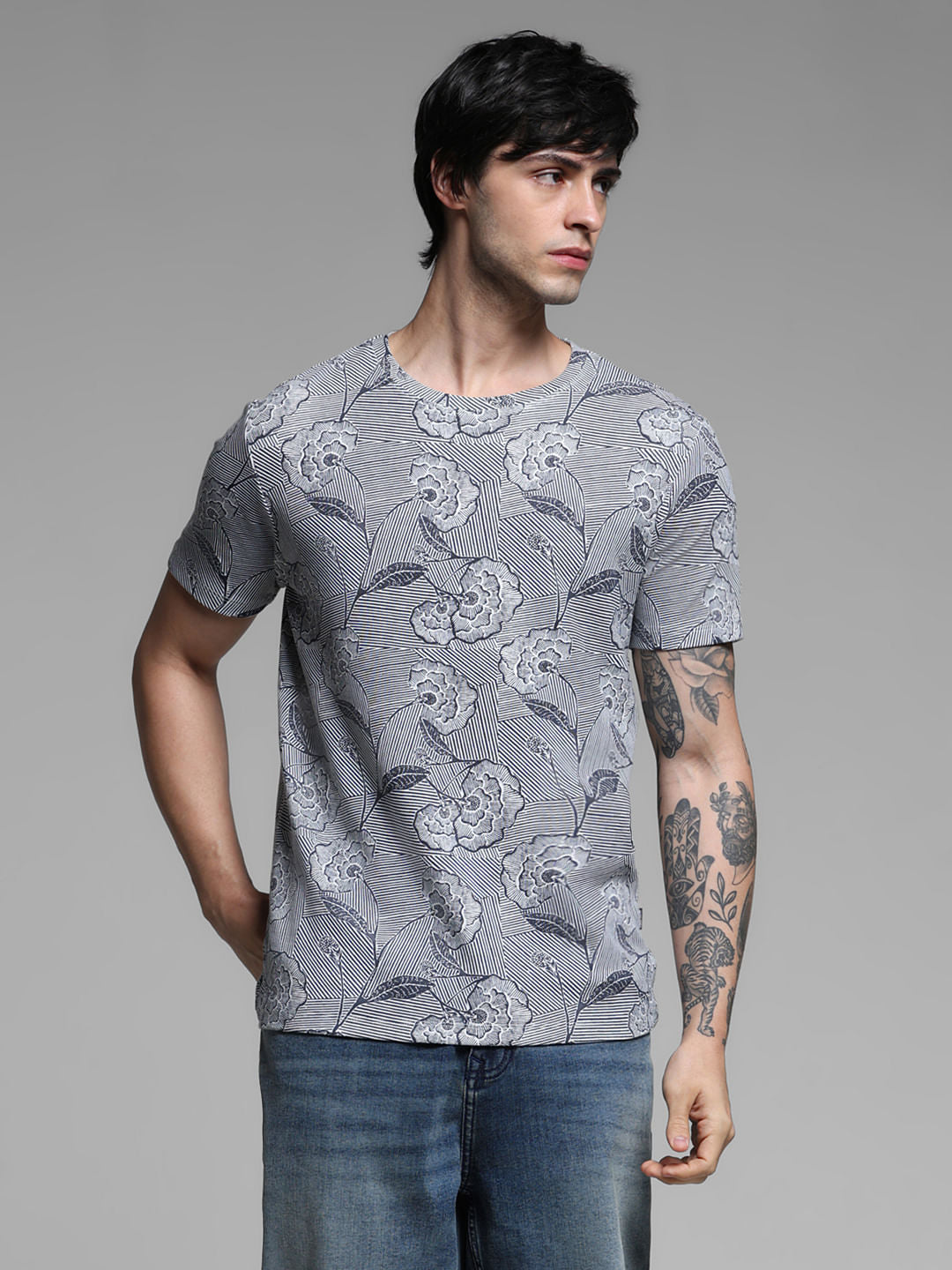 Blue Floral Print Cotton T-shirt