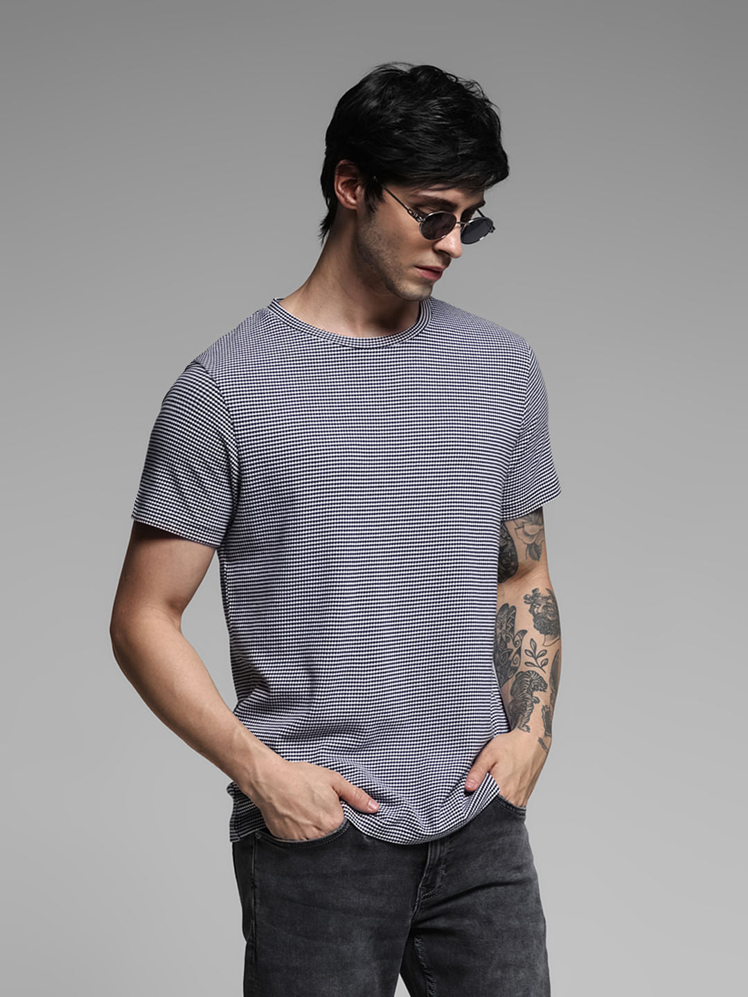 Blue Jacquard Cotton T-shirt - S