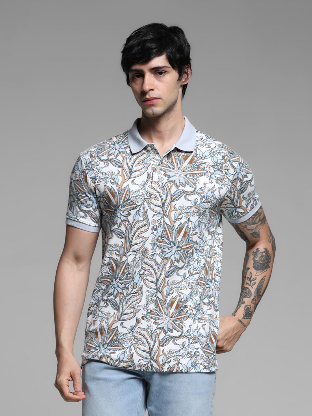 White Floral Cotton Polo - S