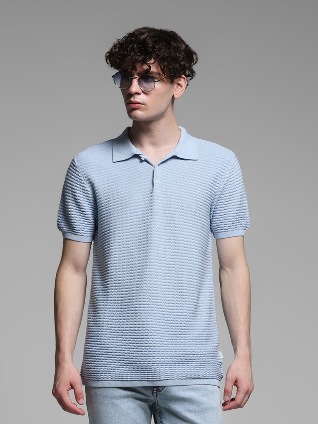BLUE KNITTED POLO - S