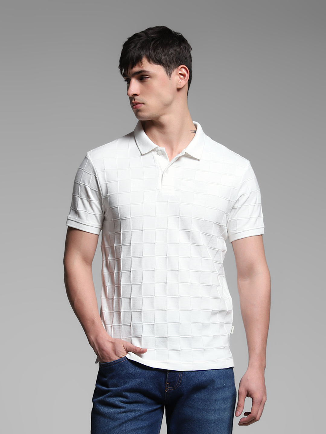 JACK&JONES White Regular Fit Textured T-Shirts