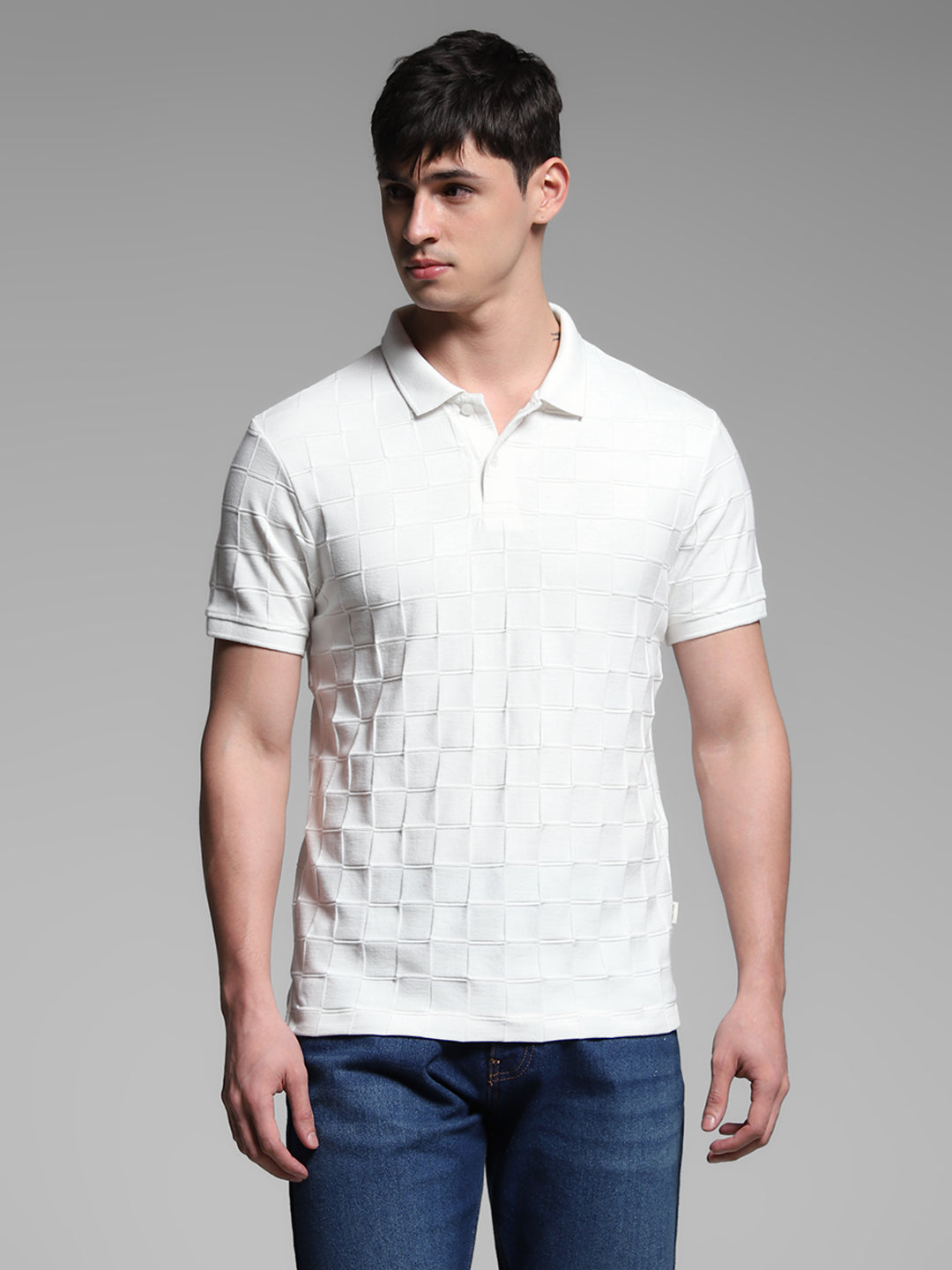JACK&JONES White Regular Fit Textured T-Shirts