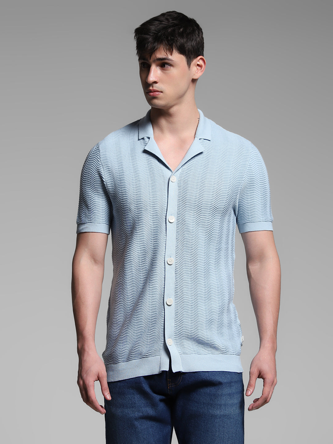 Light Blue Front Open Knit Polo