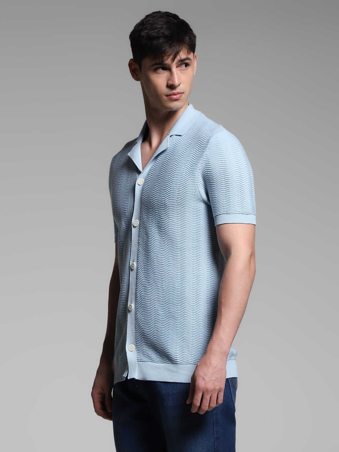 Light Blue Front Open Knit Polo