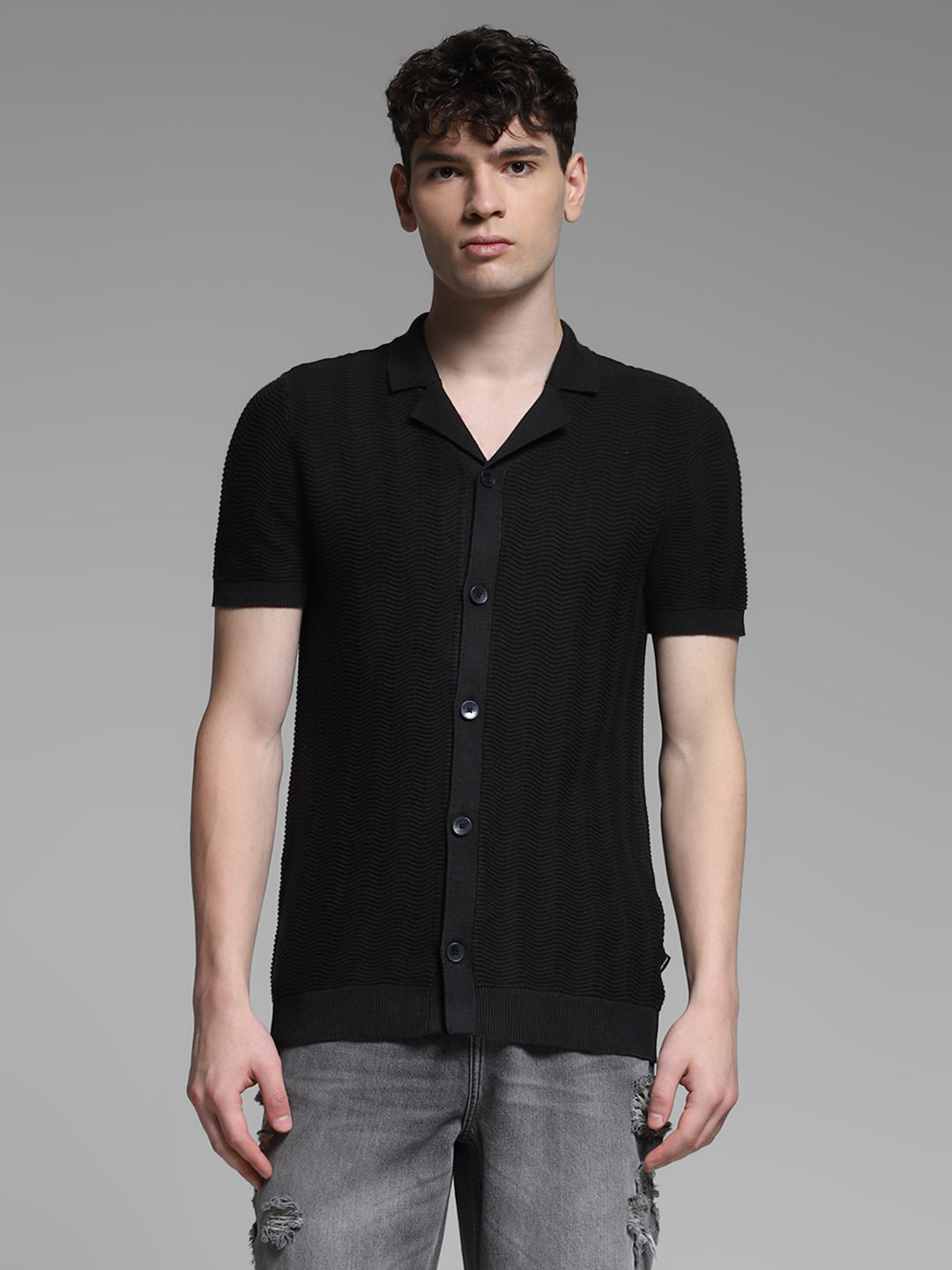 トップス second layer 23ss s/s open knit polo Black Front Open Knit Polo