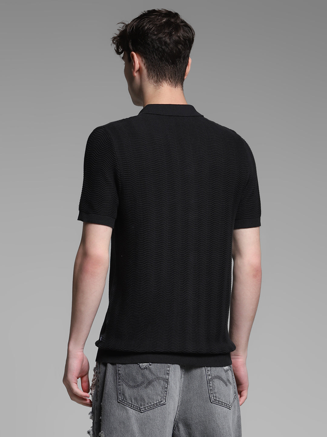 Black Front Open Knit Polo