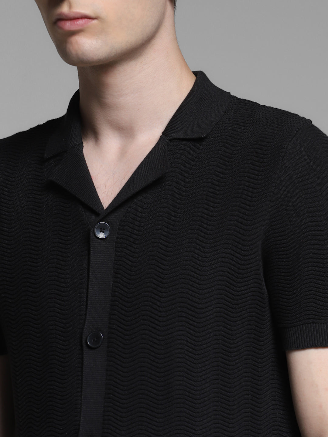 Black Front Open Knit Polo