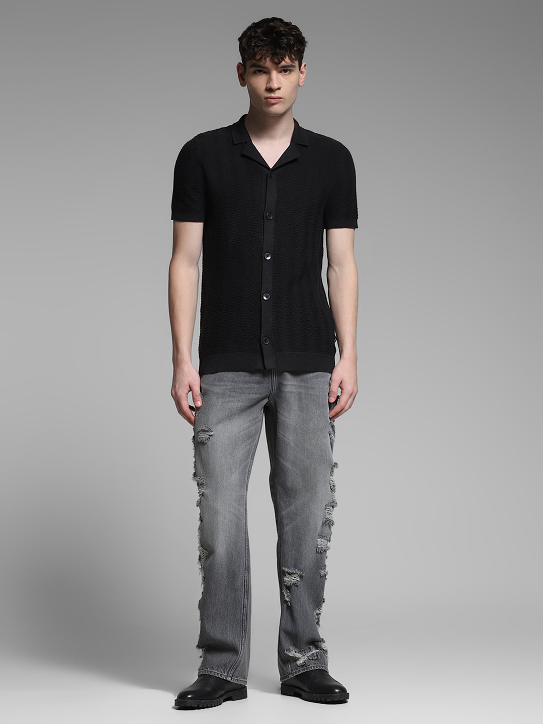 Black Front Open Knit Polo