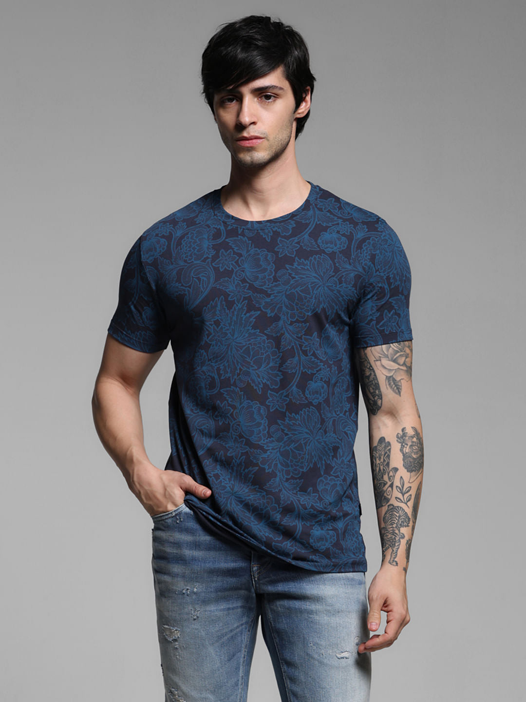 Blue Floral Print Slim Fit T-Shirt