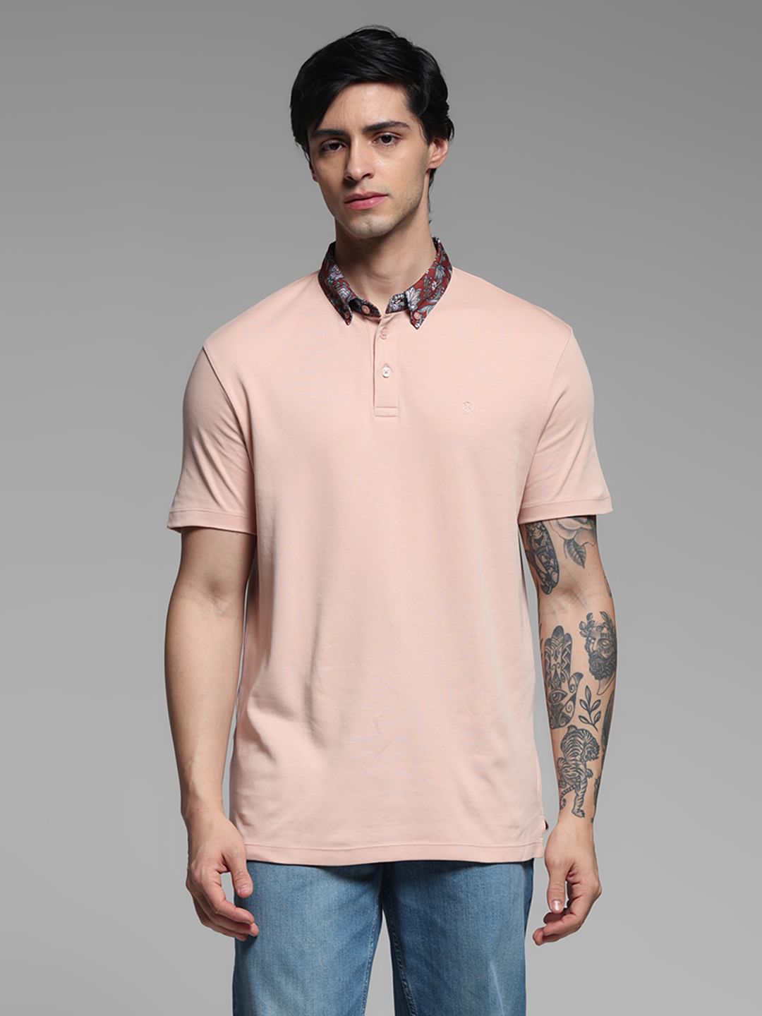 Pink Contrast Collar Band Polo