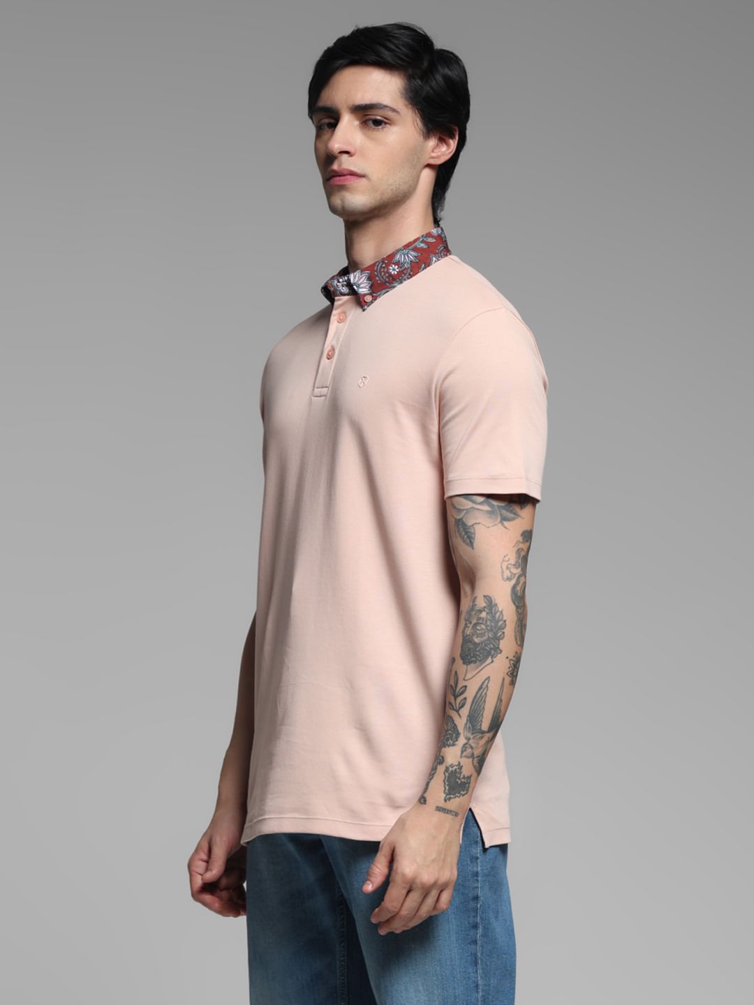 Pink Contrast Collar Band Polo