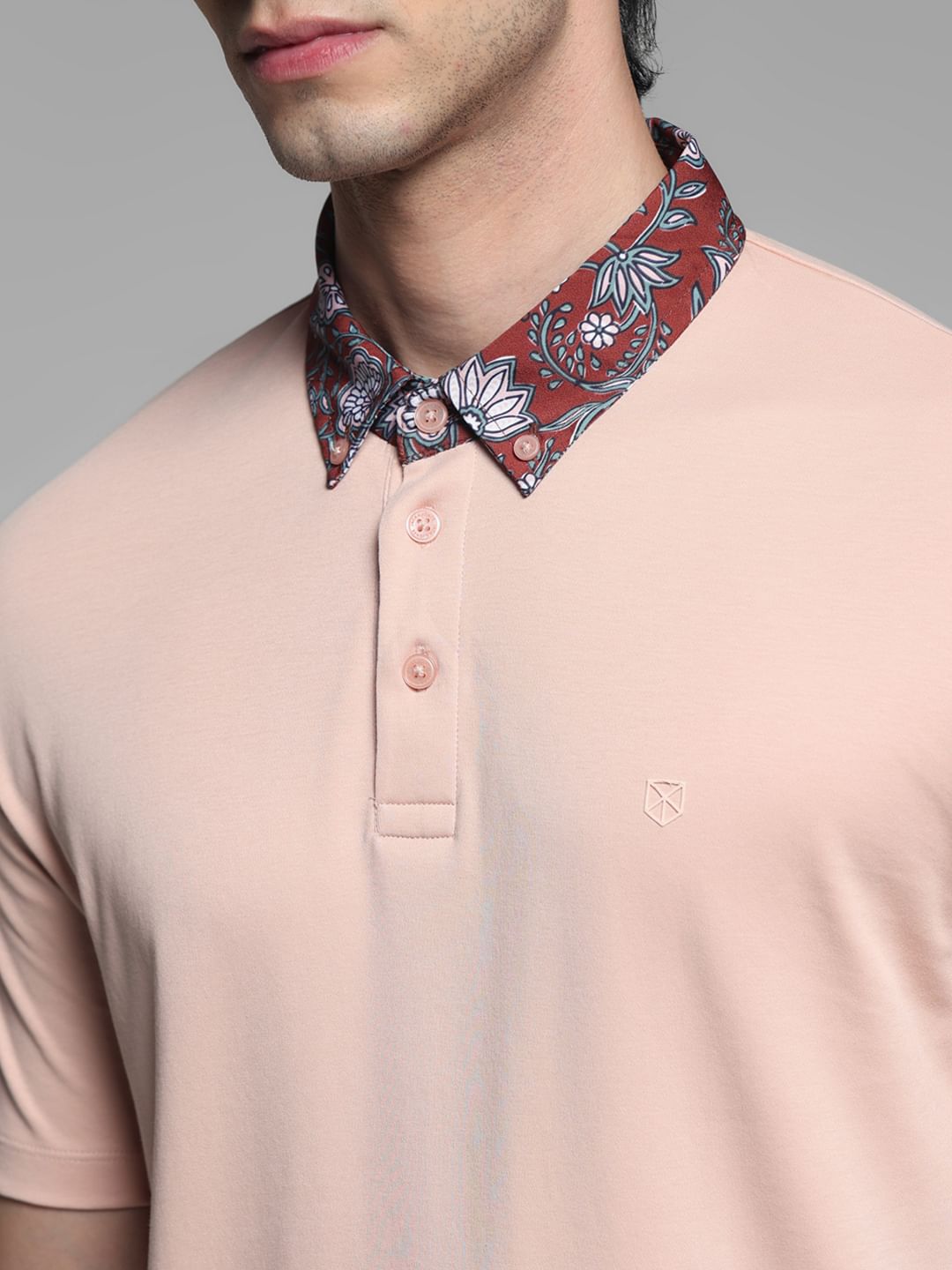 Pink Contrast Collar Band Polo
