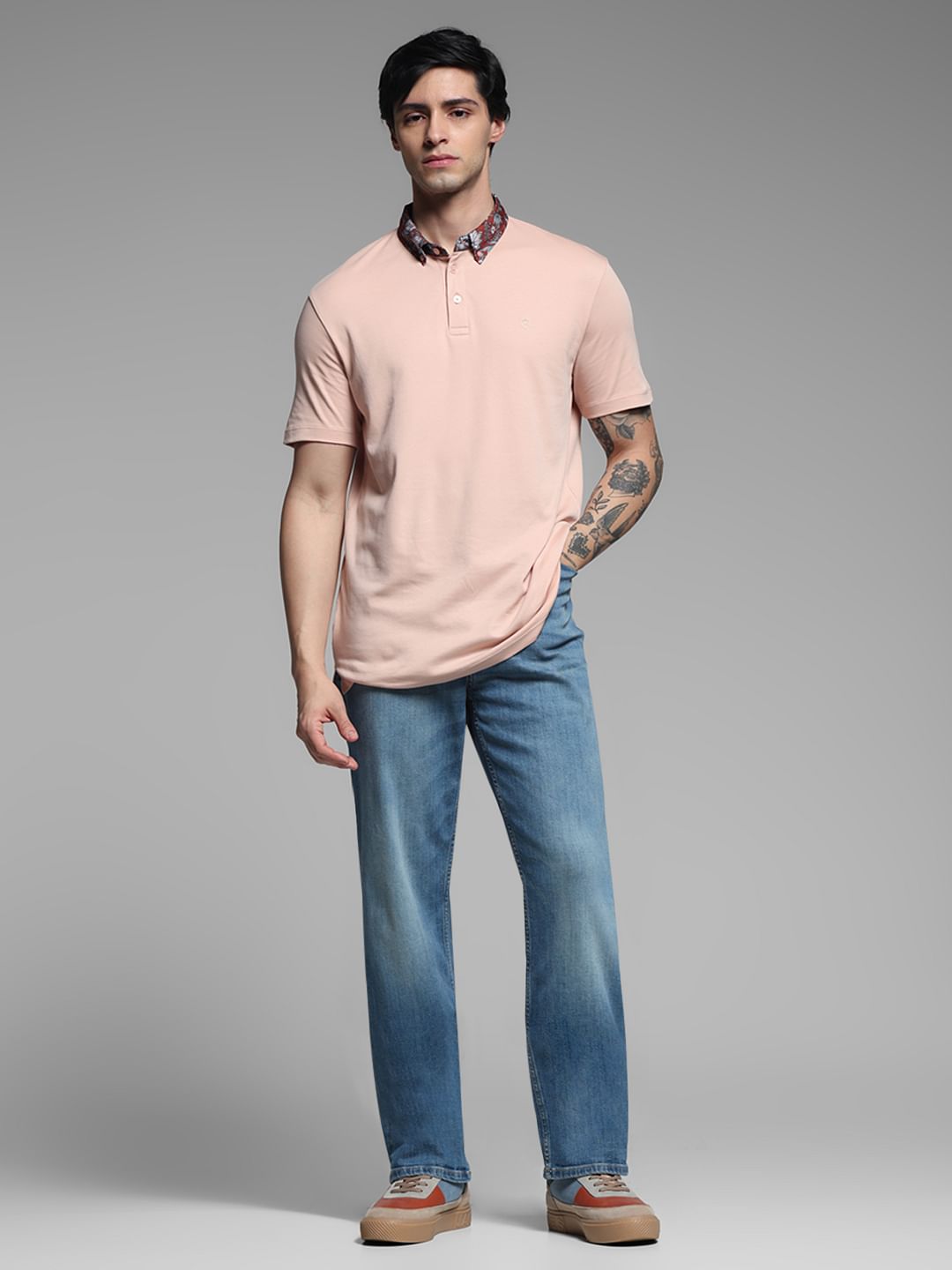 Pink Contrast Collar Band Polo