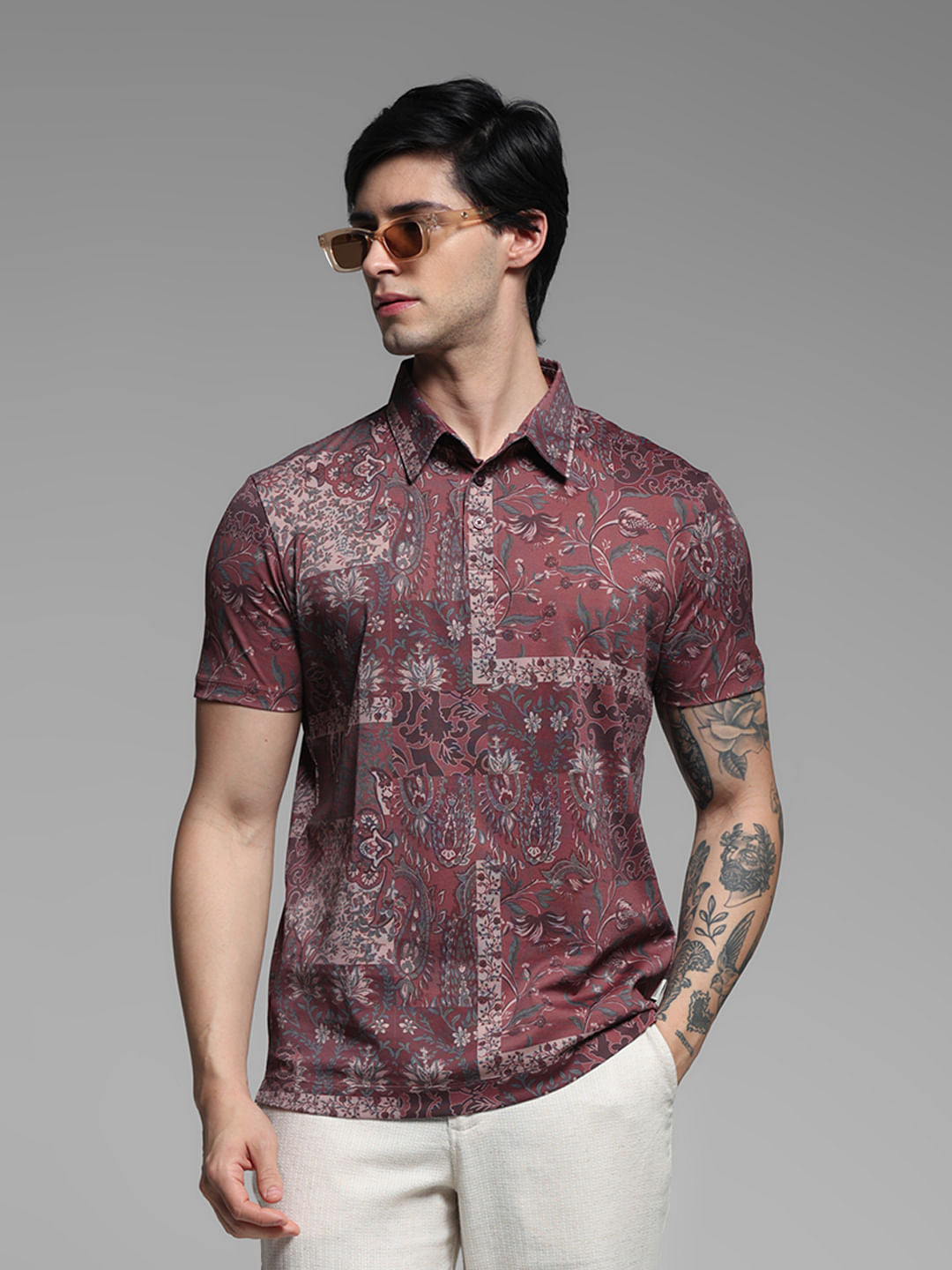 BRICK RED FLORAL POLO - S