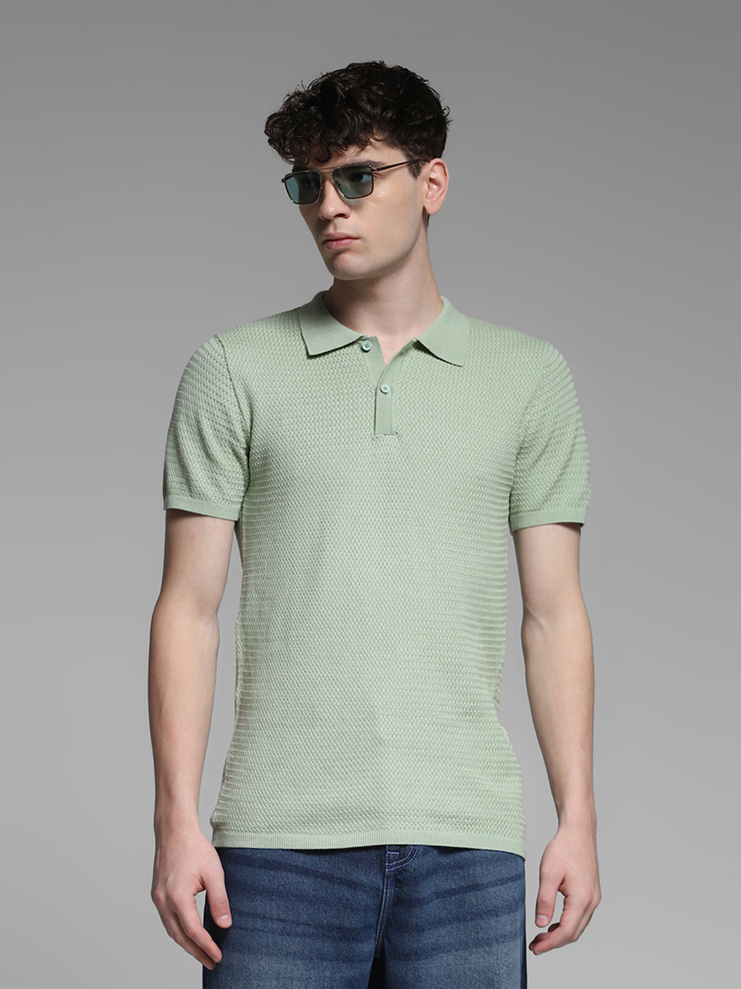 Men Solid Green Cotton Textured Knit Slim Fit Polo T-Shirt
