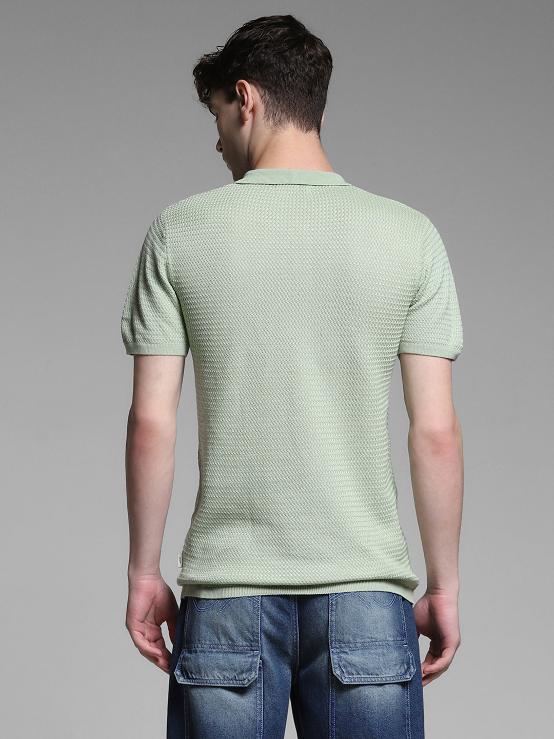 Men Solid Green Cotton Textured Knit Slim Fit Polo T-Shirt