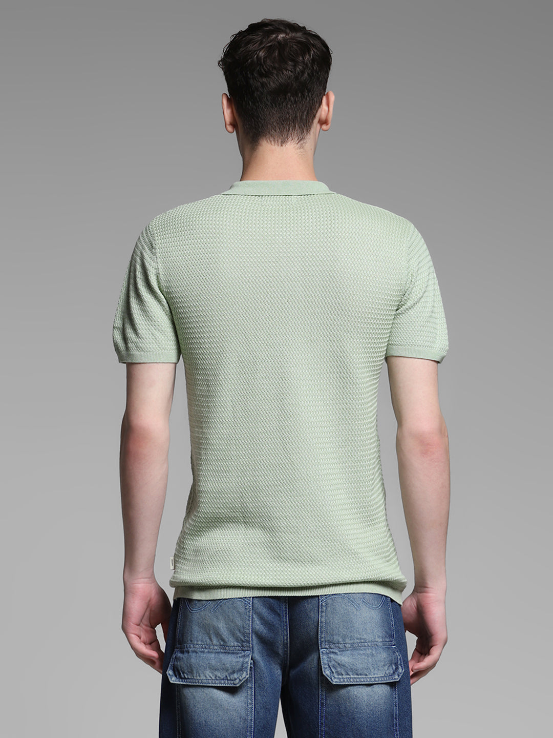 Men Solid Green Cotton Textured Knit Slim Fit Polo T-Shirt