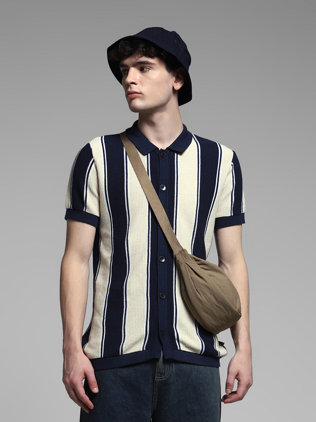 Men's Navy Blue & Cream Striped Cotton Slim Fit Polo T-Shirt - S