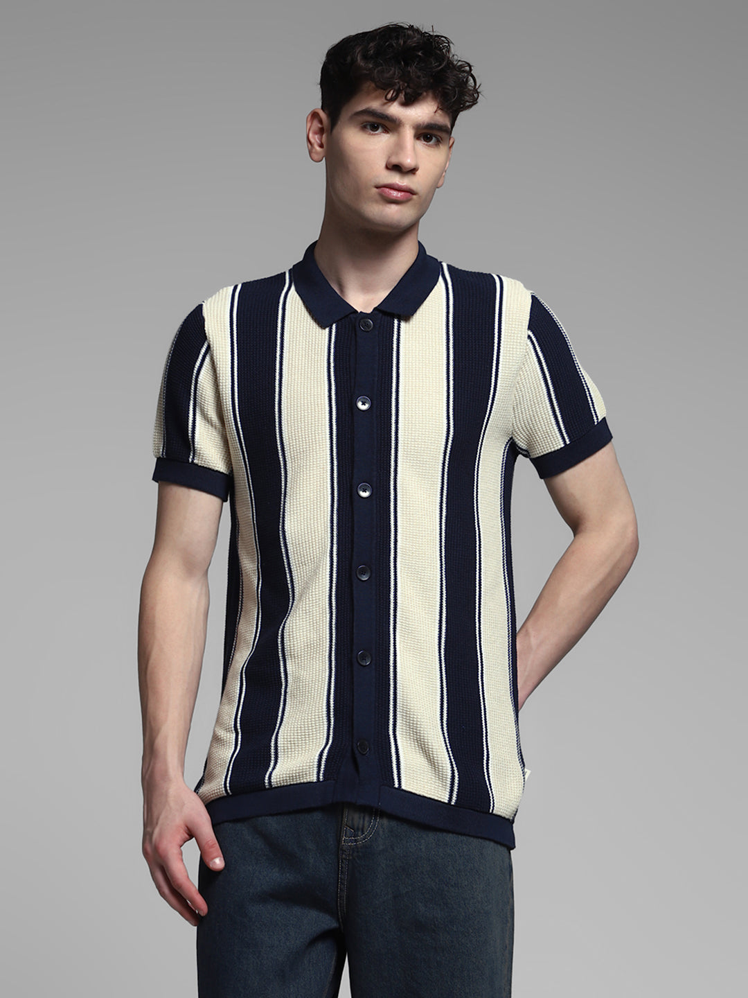 Men's Navy Blue & Cream Striped Cotton Slim Fit Polo T-Shirt