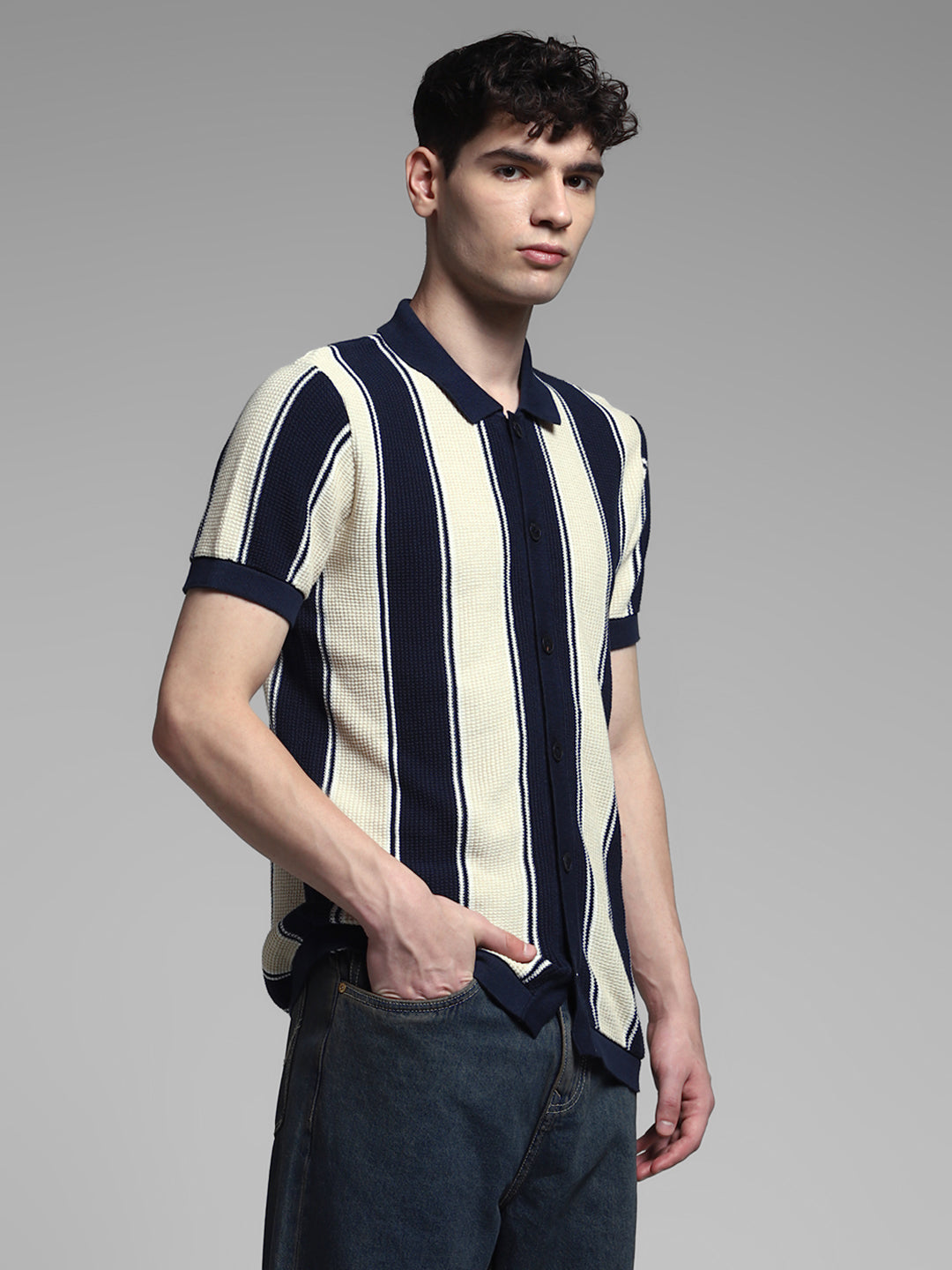 Men's Navy Blue & Cream Striped Cotton Slim Fit Polo T-Shirt