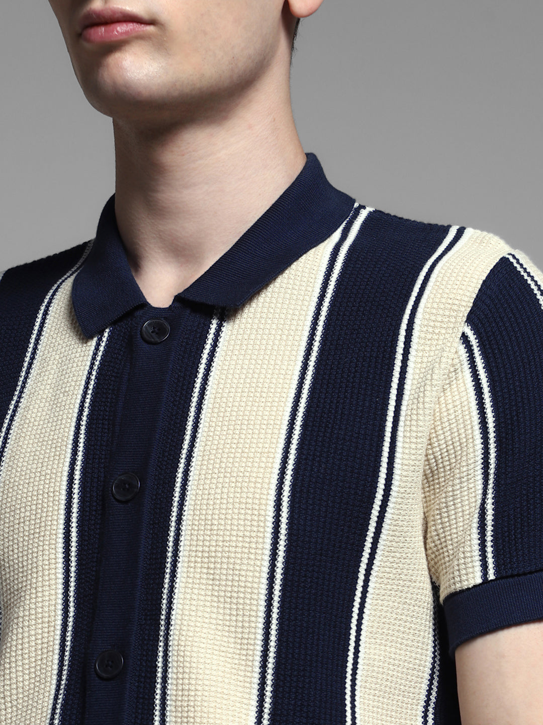 Men's Navy Blue & Cream Striped Cotton Slim Fit Polo T-Shirt