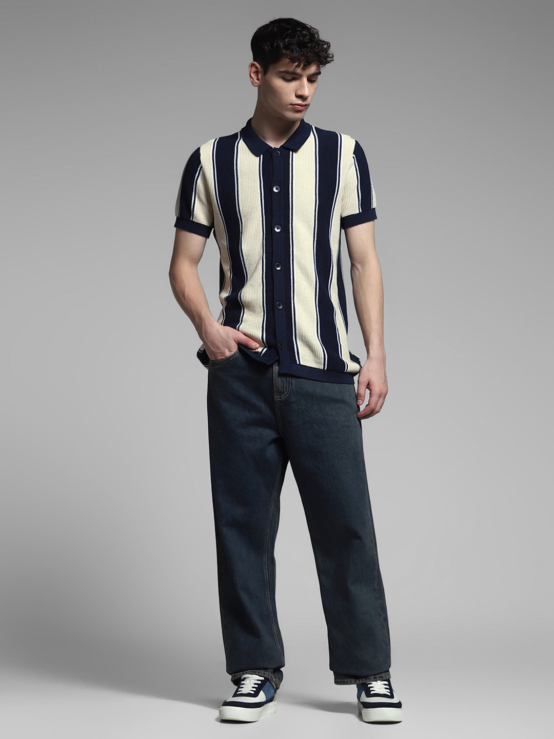 Men's Navy Blue & Cream Striped Cotton Slim Fit Polo T-Shirt