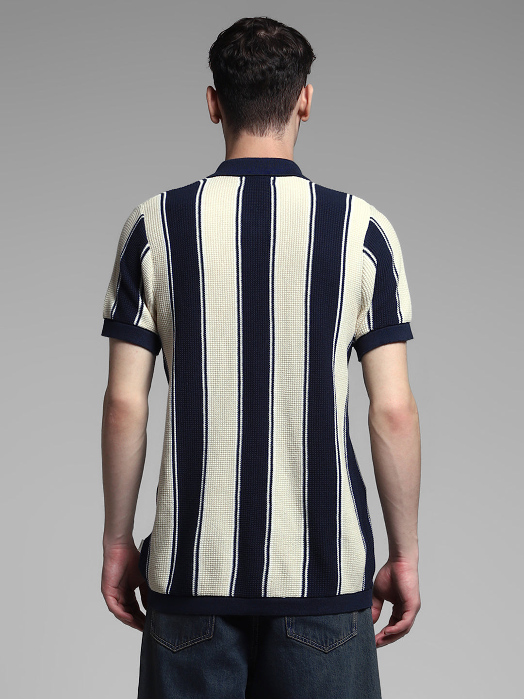 Men's Navy Blue & Cream Striped Cotton Slim Fit Polo T-Shirt