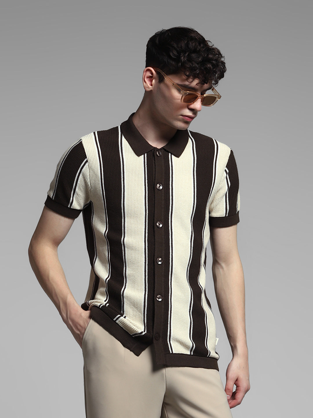 Men Cotton Striped Slim Fit Knitted Polo T-Shirt In Brown - S