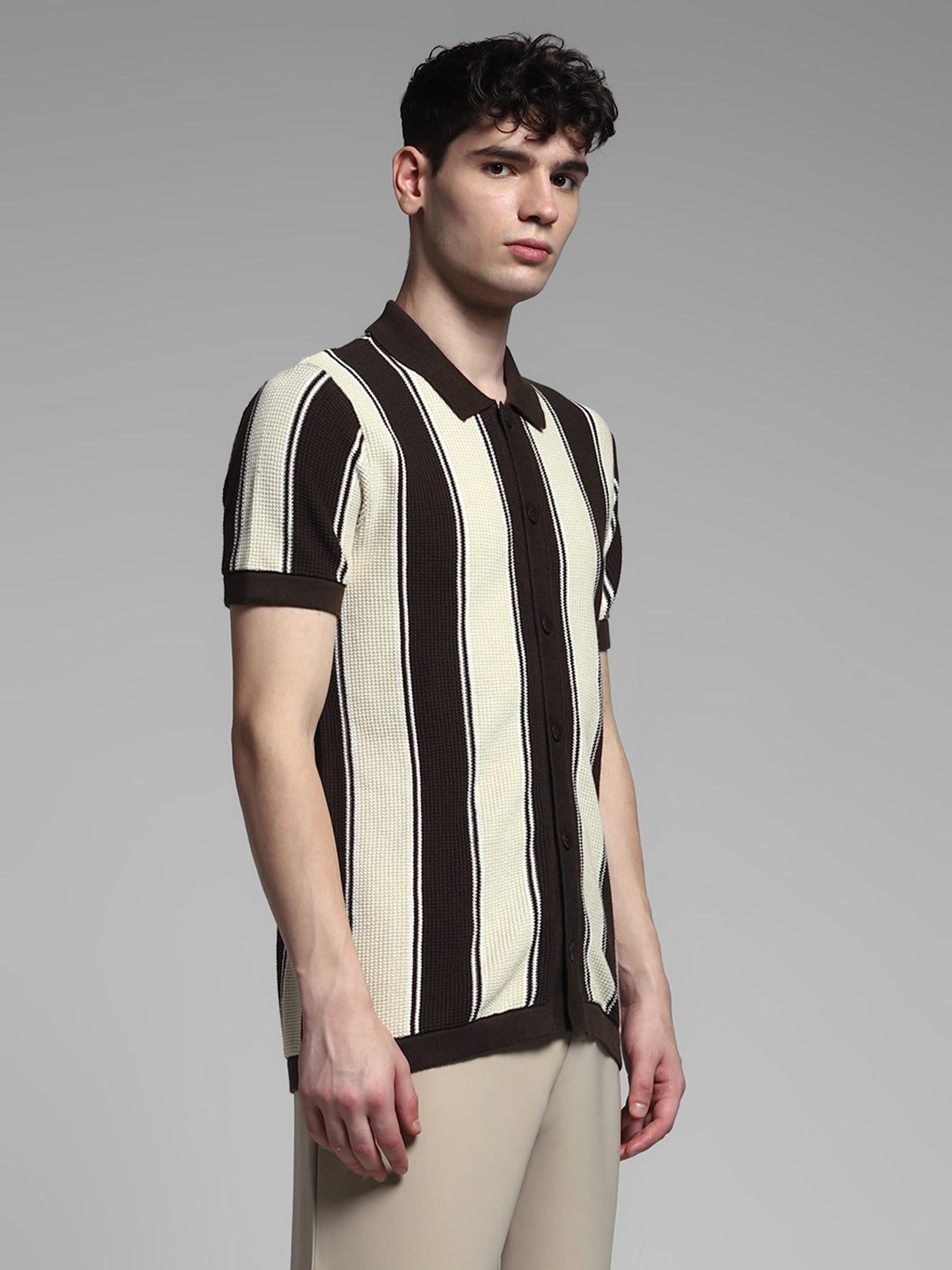 Men Cotton Striped Slim Fit Knitted Polo T-Shirt In Brown
