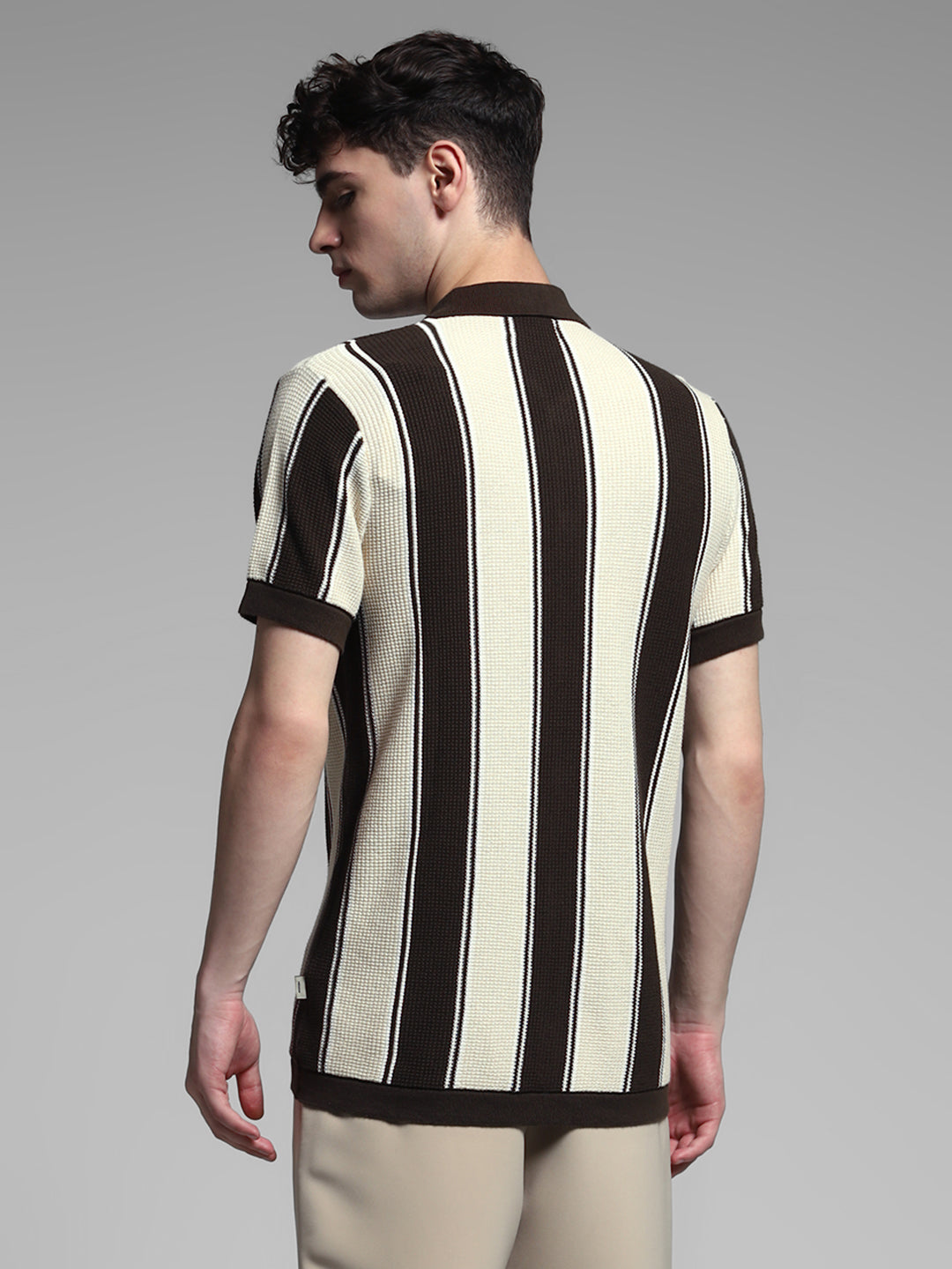 Men Cotton Striped Slim Fit Knitted Polo T-Shirt In Brown