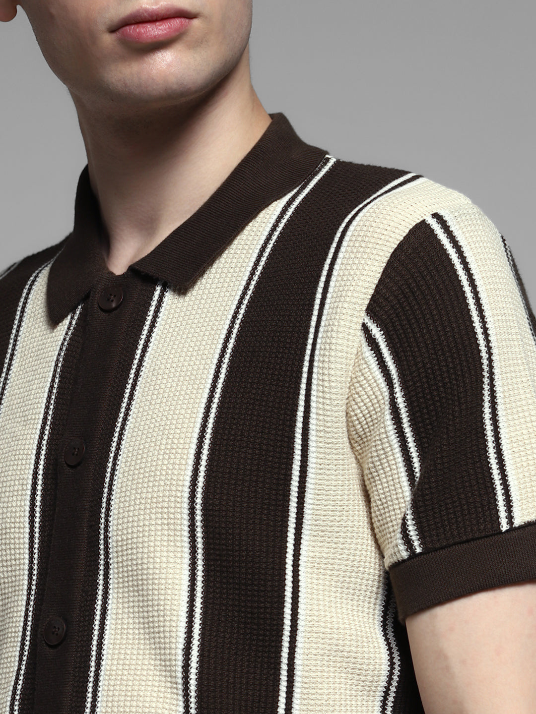 Men Cotton Striped Slim Fit Knitted Polo T-Shirt In Brown